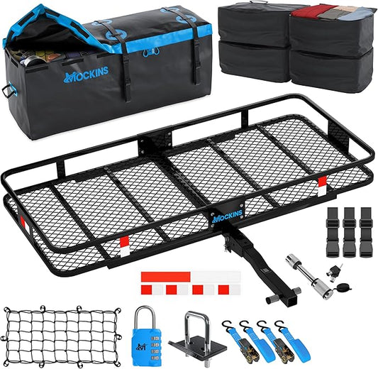 Mockins 60"x20"x6" Heavy Duty Trailer Hitch Cargo Carrier w/ 16 Cu Ft Waterproof Cargo Bag & 4 Packing Cubes | 500 Lbs. Capacity Folding Luggage Rack for SUV Car Truck & RV w/Hitch Basket Accessories