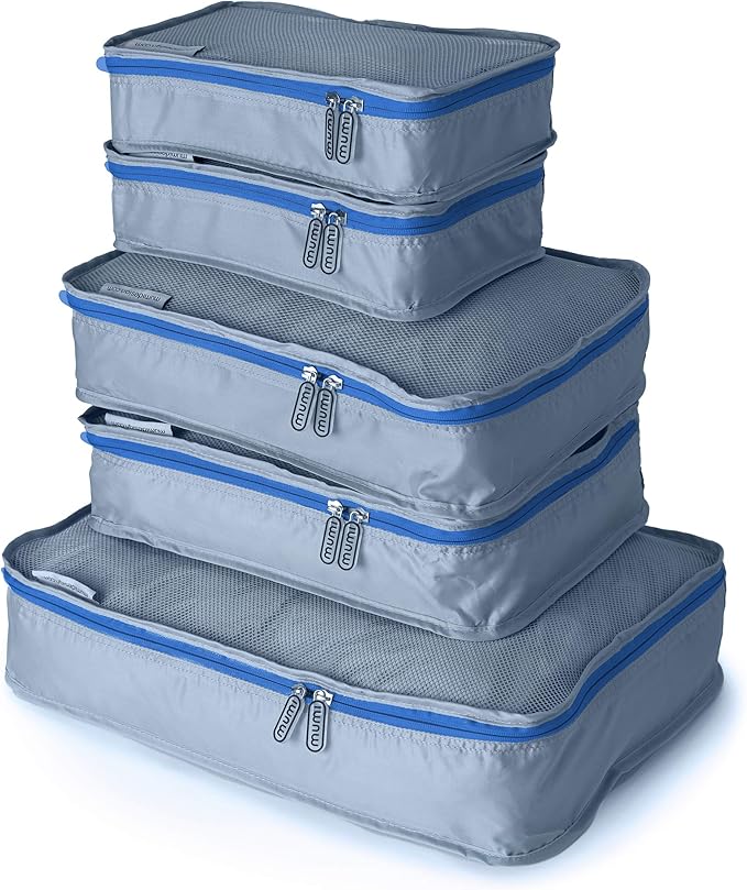 MUMI Packing Cubes - 5 Compression Packing Cubes for Travel, Luggage Organizer Bags for Suitcases, Carry-On, Duffle or Backpack – Mesh, Waterproof Bags for Clothes, Kids & Travel Accessories - Blue