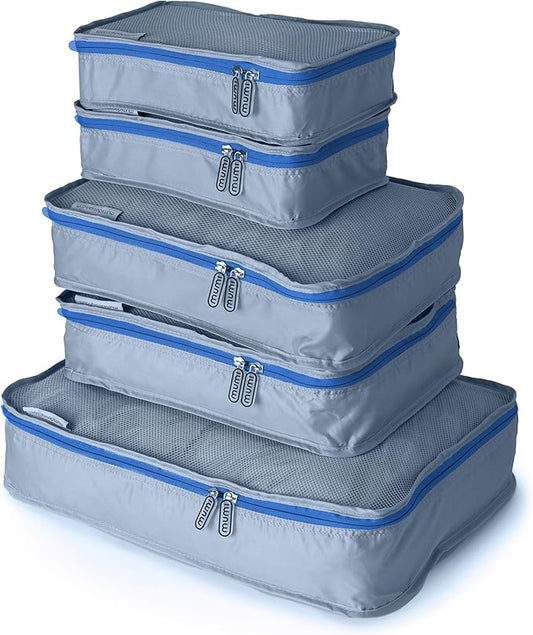 MUMI Packing Cubes - 5 Compression Packing Cubes for Travel, Luggage Organizer Bags for Suitcases, Carry-On, Duffle or Backpack – Mesh, Waterproof Bags for Clothes, Kids & Travel Accessories - Blue