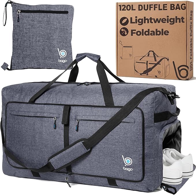 Bago Extra Large Duffle Bag for Travel Women & Men. Durable, Lightweight, Foldable Travel Duffel Bags For Traveling Women. 120L Duffle Bags Use As a Weekender Bag with Shoe Compartment, Checked Duffel