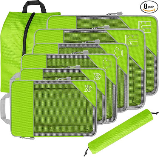 8 Set Compression Packing Cubes for Travel, Expandable Luggage Organizer with Shoe Bag & Laundry Bag - Lightweight Suitcase & Backpack Travel Essentials (Green)
