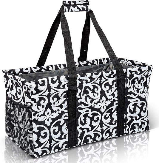 Extra Large Utility Tote Bag - Oversized Collapsible Reusable Wire Frame Rectangular Canvas Basket With Two Exterior Pockets For Beach, Pool, Laundry, Car Trunk, Storage - Damask Black