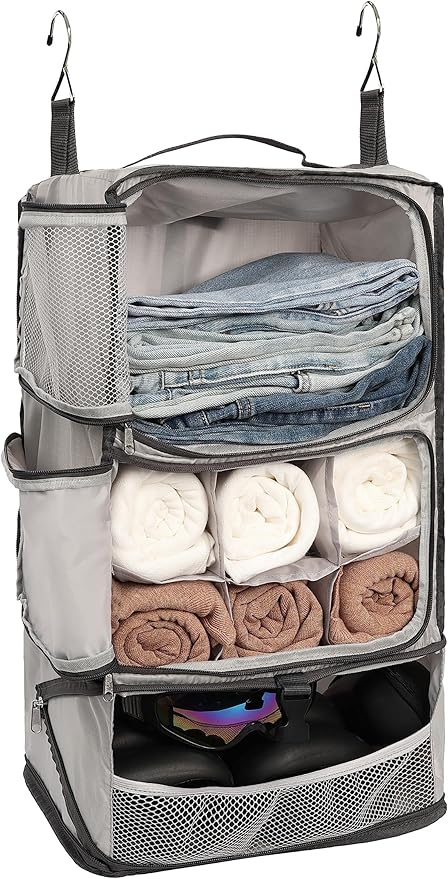 ELEZAY Hanging Packing Cubes Portable Closet 3-Shelf Travel Collapsible Compression Garment Organizer for Carry-on Luggage Suitcase Space Saver Bag X-Large_No Side Pockets, Lightgrey