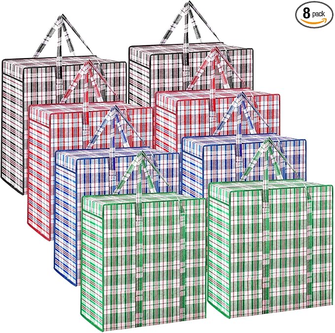 Hoolerry 8 Pcs Large Plastic Laundry Bag with Zipper 82.5 L Checkered Moving Bag Heavy Duty with Handles for Packing Clothes Travel Bedding Blanket, 19.7 x 21.7 x 11.8 Inch