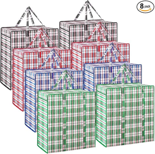Hoolerry 8 Pcs Large Plastic Laundry Bag with Zipper 82.5 L Checkered Moving Bag Heavy Duty with Handles for Packing Clothes Travel Bedding Blanket, 19.7 x 21.7 x 11.8 Inch