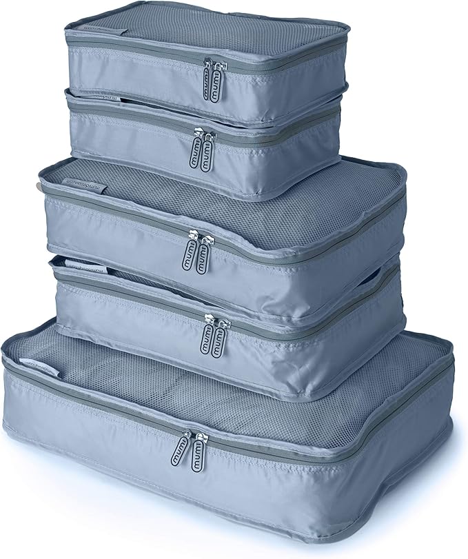 MUMI Packing Cubes - 5 Compression Packing Cubes for Travel, Luggage Organizer Bags for Suitcases, Carry-On, Duffle or Backpack – Mesh, Waterproof Bags for Clothes, Kids & Travel Accessories - Gray