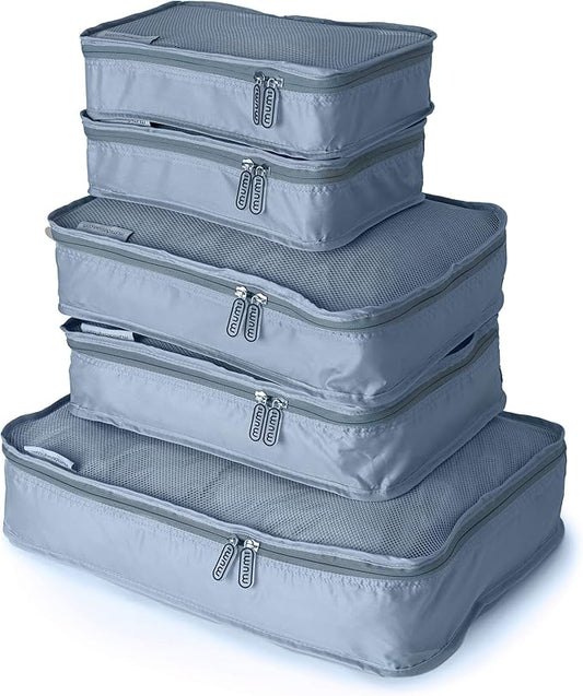 MUMI Packing Cubes - 5 Compression Packing Cubes for Travel, Luggage Organizer Bags for Suitcases, Carry-On, Duffle or Backpack – Mesh, Waterproof Bags for Clothes, Kids & Travel Accessories - Gray