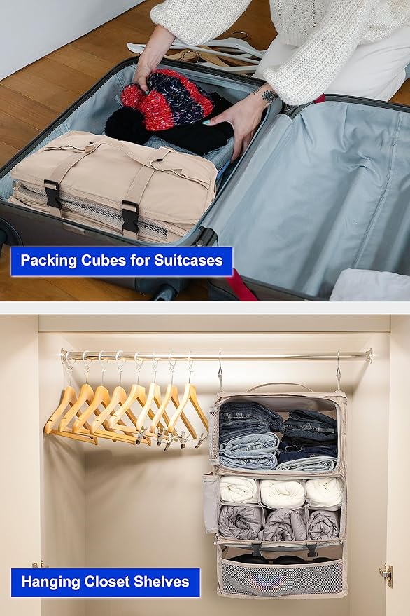 ELEZAY Hanging Packing Cubes Portable Closet 3-Shelf Travel Collapsible Compression Garment Organizer for Carry-on Luggage Suitcase Space Saver Bag XX-Large_No Side Pockets, Beige