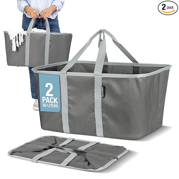 CleverMade Collapsible Laundry Tote 2-Pack (50L) – Foldable Carry-All Storage Bin for Laundry, Car Trunk, RV, Dorm & Home Organization - Charcoal