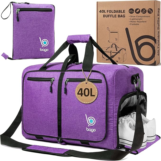 Bago Compact Duffle Bag for Travel Women & Men. Durable Lightweight Foldable Travel Duffel Bags For Traveling Women. 40L Duffle Bags a Reliable Weekender duffel or Overnight Bag With Shoe Compartment