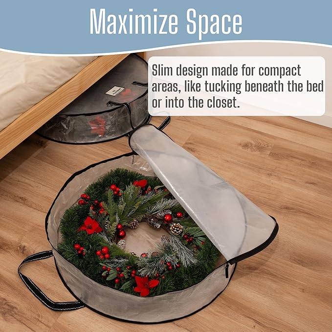 VENO 30 Inch Wreath Storage Container, 2 Pack Clear Round Christmas Wreath Storage Bag, Heavy Duty Clear Holder with Wall Hanging Handles