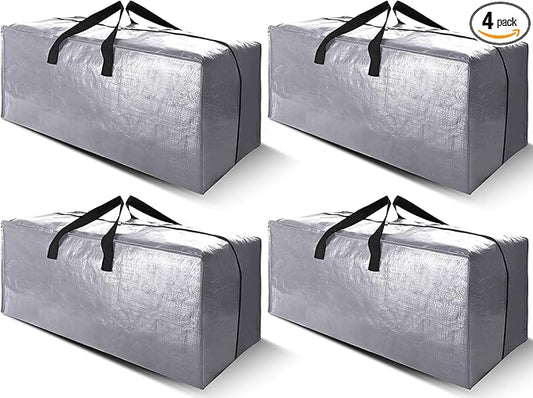 Cosy Family 4 Pack Heavy Duty Extra Large Moving Bags with Backpack Straps - Strong Handles & Zippers, Storage Totes For Space Saving, Fold Flat, Alternative to Moving Box (X-Large-Set of 4, Silver)