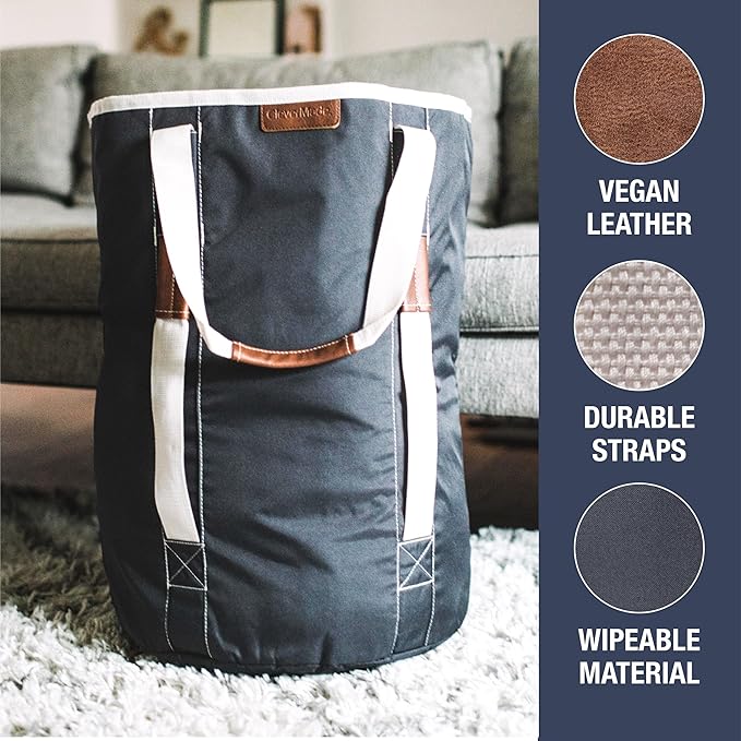 CleverMade Laundry Duffel Backpack Bag, 62L Large Laundry Bag with Straps, Drawstring Closure, Heavy Duty Laundry Backpack for Dorm, Travel, Gym, College, XL Foldable Hamper Tote, Charcoal Cream
