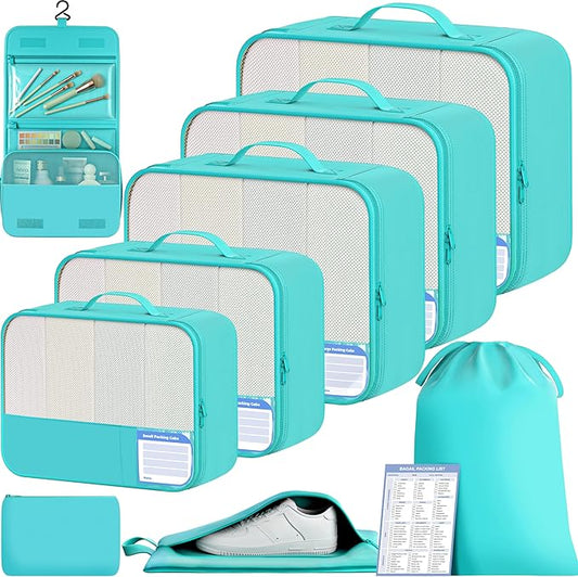 BAGAIL 9 Set Packing Cubes with Packing List Luggage Packing Organizers for Travel Accessories (Blue Green)