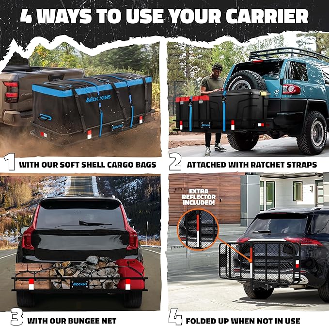 Mockins 60"x20"x6" Heavy Duty Trailer Hitch Cargo Carrier w/ 16 Cu Ft Waterproof Cargo Bag & 4 Packing Cubes | 500 Lbs. Capacity Folding Luggage Rack for SUV Car Truck & RV w/Hitch Basket Accessories
