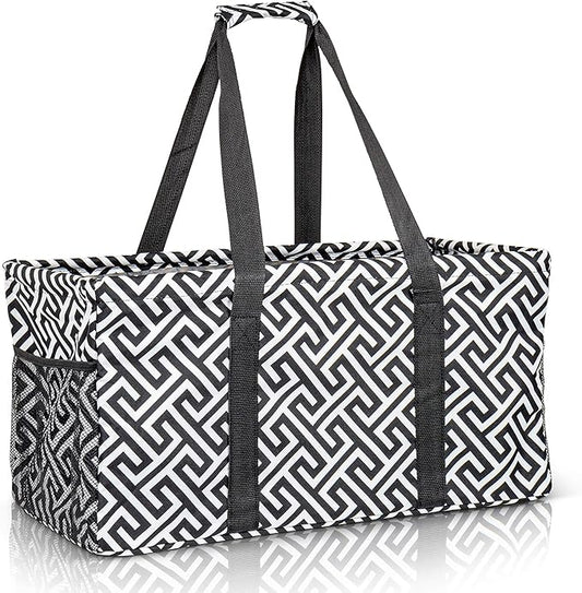 Extra Large Utility Tote Bag - Oversized Collapsible Reusable Wire Frame Rectangular Canvas Basket With Two Exterior Pockets For Beach, Pool, Laundry, Car Trunk, Storage - Geometrc Black