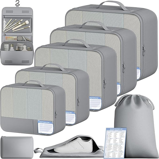BAGAIL 9 Set Packing Cubes with Packing List Luggage Packing Organizers for Travel Accessories (Pewter Color)