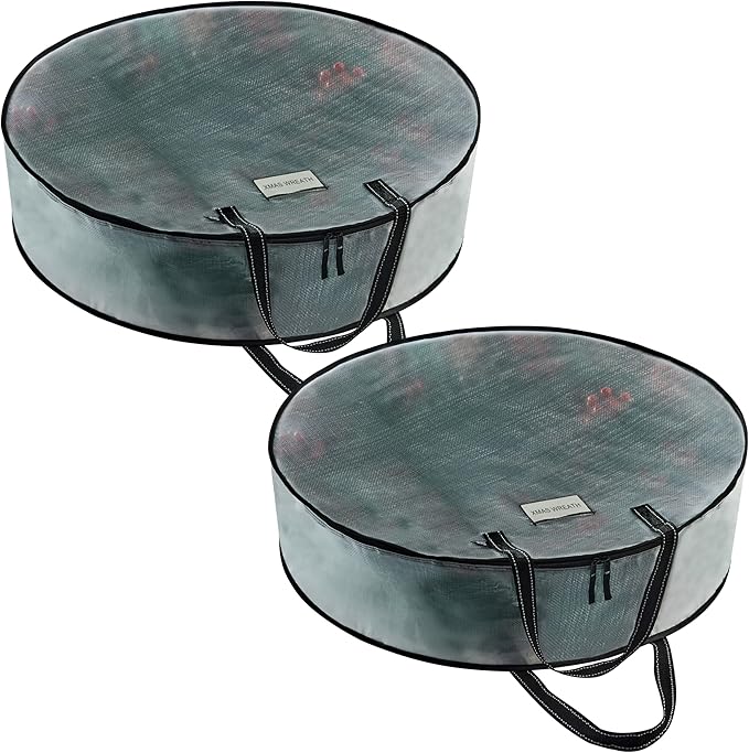 VENO 24 Inch Wreath Storage Container, 2 Pack Clear Round Christmas Wreath Storage Bag, Heavy Duty Clear Holder with Wall Hanging Handles