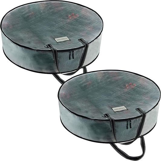 VENO 24 Inch Wreath Storage Container, 2 Pack Clear Round Christmas Wreath Storage Bag, Heavy Duty Clear Holder with Wall Hanging Handles