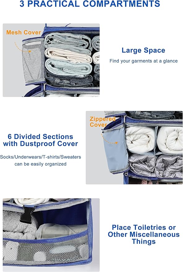 ELEZAY Hanging Packing Cubes Portable Closet 3-Shelf Travel Collapsible Compression Garment Organizer for Carry-on Luggage Suitcase Space Saver Bag XX-Large_16*12 * 24 in, Blue