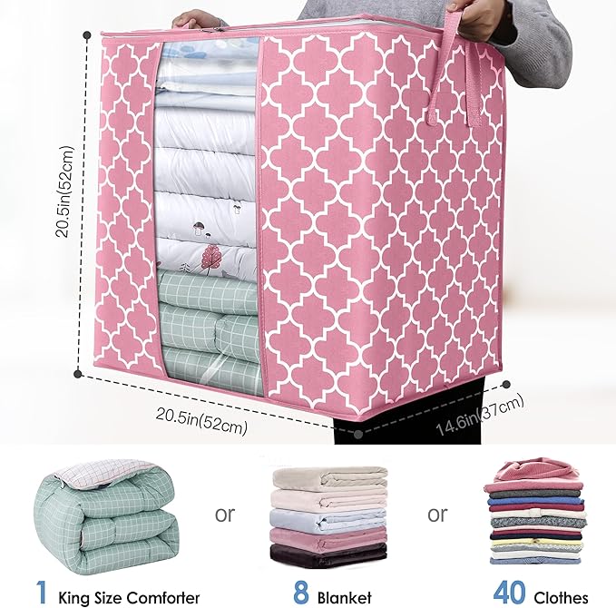 WISELIFE Storage Bags 6 Pack/100L Large Blanket Clothes Organization and Storage Containers for Comforters,Bedding, Foldable Organizer with Reinforced Handle, Clear Window, Sturdy Zippers,Pink