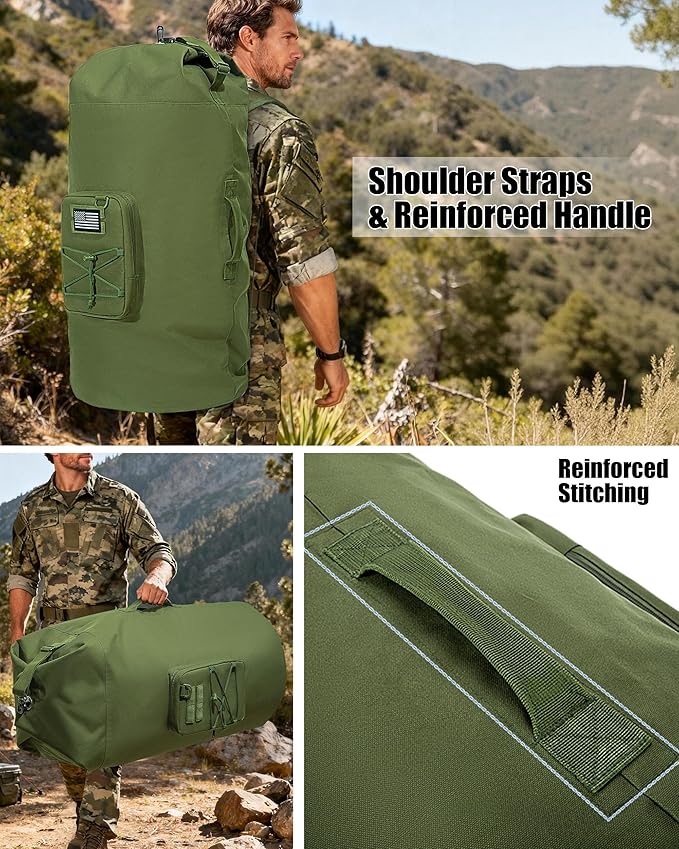 PGmoon Military Duffle Bag,110L Extra Large Army Backpack Heavy Duty Sea Bag with Removable Pocket for Camp, Outdoor or Laundry Bag (Patent Design)