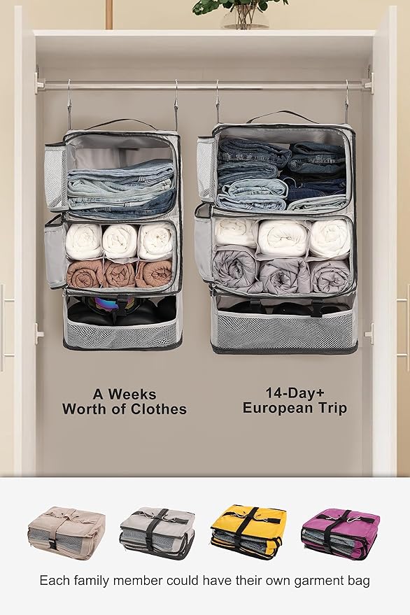 ELEZAY Hanging Packing Cubes Portable Closet 3-Shelf Travel Collapsible Compression Garment Organizer for Carry-on Luggage Suitcase Space Saver Bag X-Large_No Side Pockets, Lightgrey