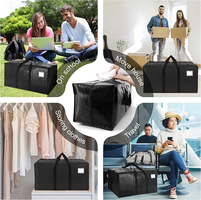 6 Pack Heavy Duty Extra Large Moving Bags W/Backpack Straps - Strong Handles & Zippers, Storage Totes For Space Saving, Fold Flat, Alternative to Box and Bin (40 gal, Semi-Transparent+Blue+Black)
