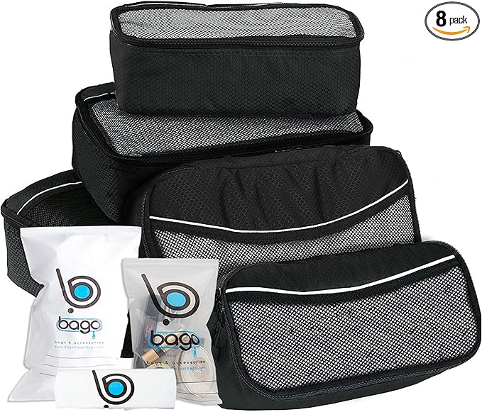 bago 8 Pcs Packing Cubes for Travel - 5 Travel Packing Cubes for Suitcases with 3 ZipLock Bags, Luggage Organizer Bags to Get Maximum Storage, Save Time & Effort to Pack (Black)