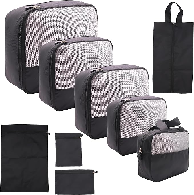 DoubleTrip 9-Piece Black Travel Organizer Set with 4 Packing Cubes, Cosmetic Organizer, Shoe & Electronics Pouches, and Accessories & Laundry Bag for Luggage Storage & Travel Essentials