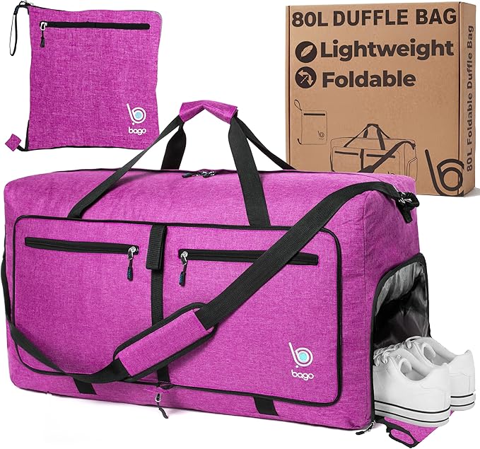 Bago Large Duffle Bag for Travel Women & Men. Durable Lightweight Foldable Travel Duffel Bags For Traveling Women. 80L Duffle Bags For Overnight Bag With Shoe Compartment Collapsible Weekender duffel