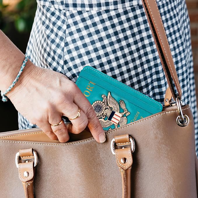 TOURSUIT RFID Blocking Passport Holder, Leather Travel Wallet, Light Blue - Image 6