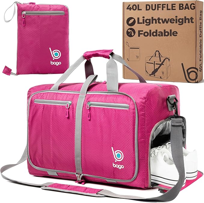 Bago Compact Duffle Bag for Travel Women & Men. Durable Lightweight Foldable Travel Duffel Bags For Traveling Women. 40L Duffle Bags a Reliable Weekender duffel or Overnight Bag With Shoe Compartment