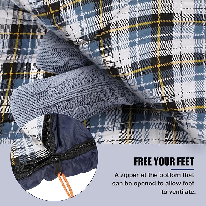 REDCAMP Flannel Sleeping Bag for Adults, Comfortable Cotton Envelope Sleeping Bags for Camping, Backpacking, Hiking, with Detachable Hood&Compression Sack, Blue/Red/Grey/Black
