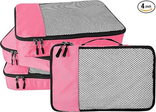 WTREE 4-Piece Packing Cubes Travel Accessories Set for Suitcases - Luggage Organizer Bags with Double Zipper - Mesh Top - Large - Pink
