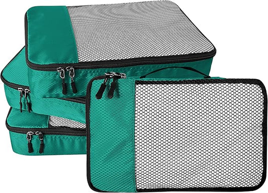 WTREE 4-Piece Packing Cubes Travel Accessories Set for Suitcases - Luggage Organizer Bags with Double Zipper - Mesh Top - Large - Green