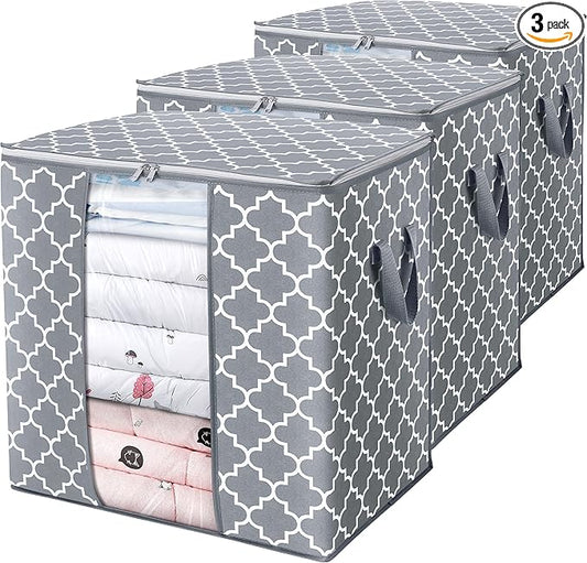 WISELIFE Storage Bags [3 Pack/100L] Large Blanket Clothes Organization and Storage Containers for Comforters,Bedding, Foldable Organizer with Reinforced Handle, Clear Window, Sturdy Zippers,Light Gray