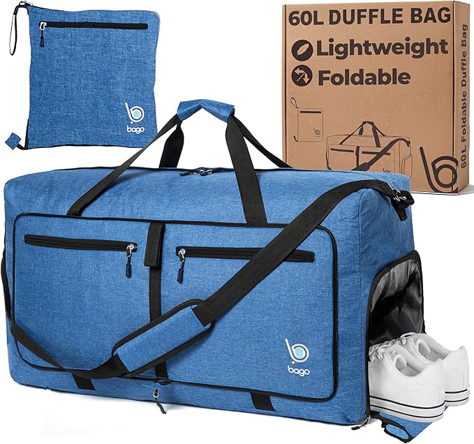 Bago Medium Duffle Bag for Travel Women & Men. Durable Lightweight Foldable Travel Duffel Bags For Traveling Women. 60L Duffle Bags For Overnight Bag With Shoe Compartment Collapsible Weekender duffel