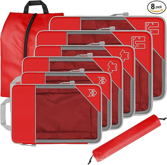 8 Set Compression Packing Cubes for Travel, Expandable Luggage Organizer with Shoe Bag & Laundry Bag - Lightweight Suitcase & Backpack Travel Essentials (Red)