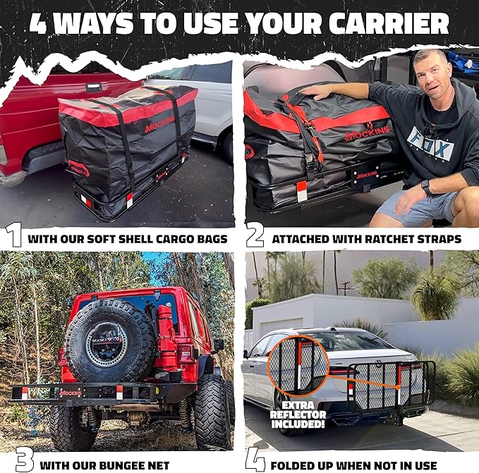 Mockins 48"x18"x6" Folding Trailer Hitch Cargo Carrier & 15 Cu Ft Waterproof Cargo Bag with Packing Cube Set of 4 | Weatherproof 500 Lbs Cap Luggage Rack for SUV Truck Van Car Trailer with Accessories