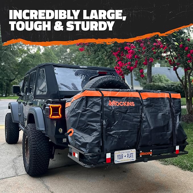 Mockins 60"x24"x6" Heavy Duty Trailer Hitch Cargo Carrier with 30 Cu Ft Waterproof Cargo Bag for Hitch Carrier & 6 Packing Cubes | 500 Lbs. Capacity Folding Luggage Rack for SUV, Car, Truck, & RV