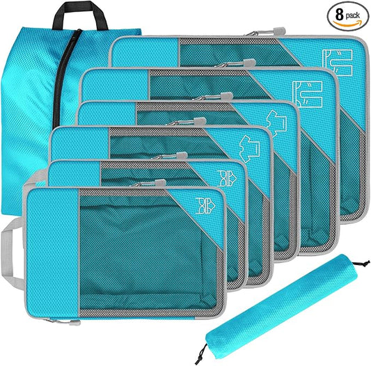 8 Set Compression Packing Cubes for Travel, Expandable Luggage Organizer with Shoe Bag & Laundry Bag - Lightweight Suitcase & Backpack Travel Essentials (Sky Blue)