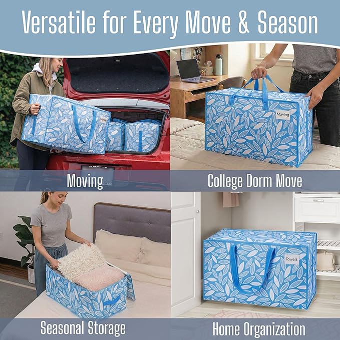 VENO 2 Pack Extra Large Heavy Duty Moving Bags with Wide Opening & Reinforced Handles, Reusable Storage Tote Bags with Strong Zippers for Clothes, College Dorm Essentials & Moving Supplies