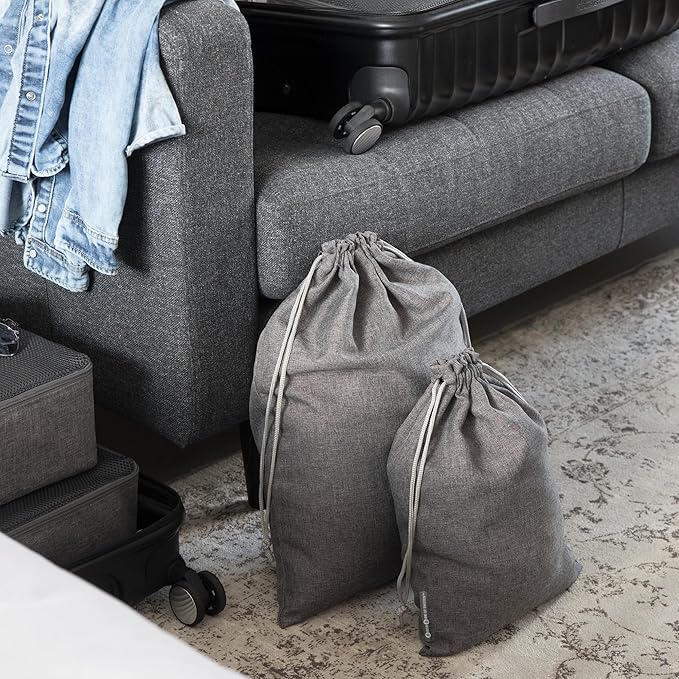 Bigso Box of Sweden Travel Laundry Bags | Large & Small Clothing Dirty Laundry Travel Storage Bags w/Drawstring Closure | Clothes Organizer for Packing | 14.2"x18.9" & 10.2"x14.2" | Set of 2 | Gray