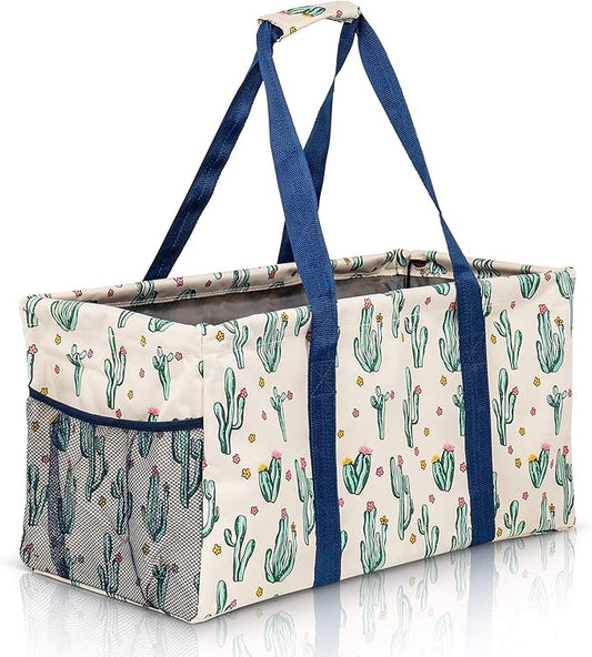 Extra Large Utility Tote Bag, Oversized Collapsible Reusable Wire Frame Rectangular Canvas Basket With Two Exterior Pockets For Beach, Pool, Laundry, Car Trunk, Storage - Cactus White