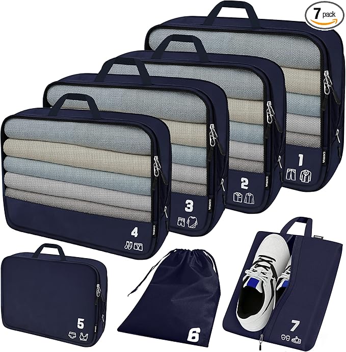 7 Set Compression Packing Cubes for Travel, Luggage Organizer Bags for Suitcases with Mesh Panels, Shoe Bag & Toiletry Bag for Carry On, Vacation & Cruise Essentials (Navy Blue)