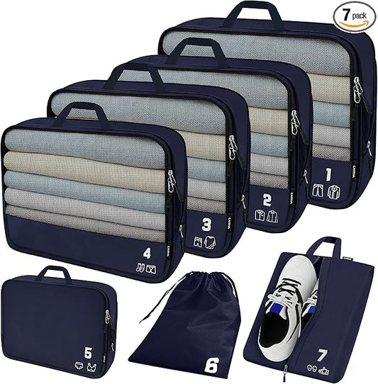 7 Set Compression Packing Cubes for Travel, Luggage Organizer Bags for Suitcases with Mesh Panels, Shoe Bag & Toiletry Bag for Carry On, Vacation & Cruise Essentials (Navy Blue)