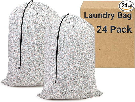 ZPECC Bulk Travel Laundry Bag,Extra Large Heavy Duty Laundry Bags 24 Pack,Washable Dirty Clothes Organizer XL for College Dorm Hotel Camping and Home Storage 30x40(Green Flower)