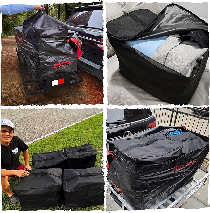 Mockins 48"x18"x6" Folding Trailer Hitch Cargo Carrier & 15 Cu Ft Waterproof Cargo Bag with Packing Cube Set of 4 | Weatherproof 500 Lbs Cap Luggage Rack for SUV Truck Van Car Trailer with Accessories