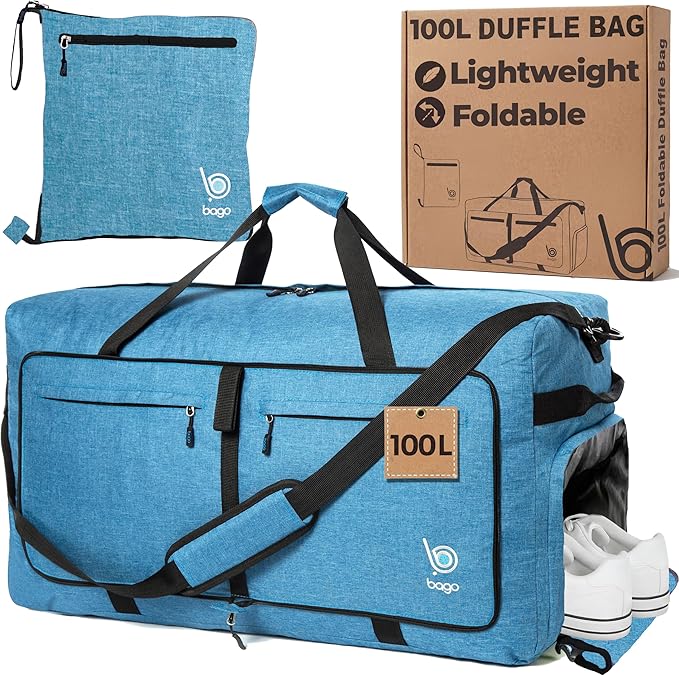 Bago Large Duffle Bag for Travel Women & Men. Durable Lightweight Foldable Travel Duffel Bags For Traveling Women. 100L Duffle Bags for Overnight Bag With Shoe Compartment Collapsible Weekender duffel